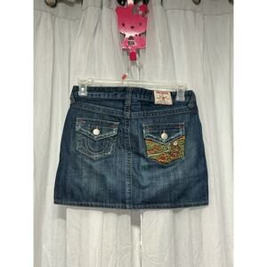 True Religion Joey Denim Mini Skirt USA Embroidered Pockets Y2K M Festival 00s